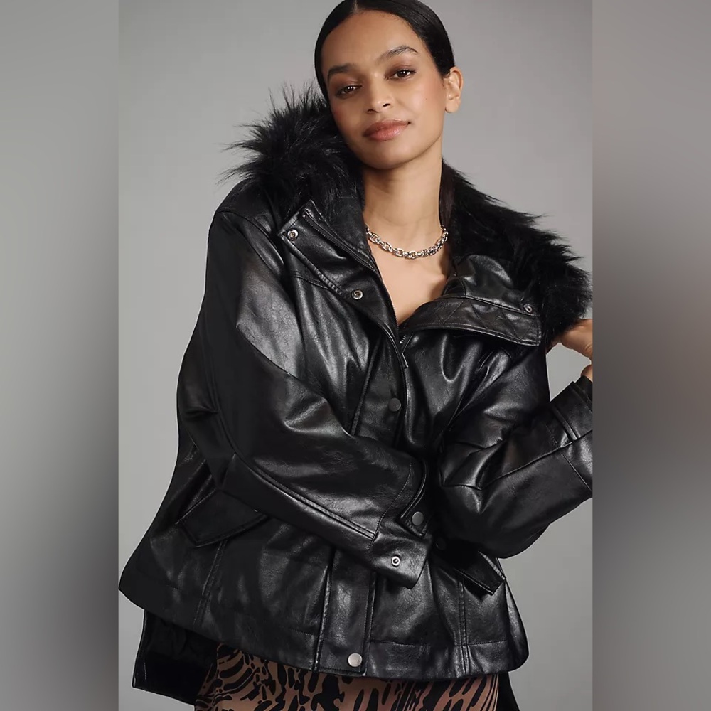 medium fits large Anthropologie pilcro hooded jacket faux leather black